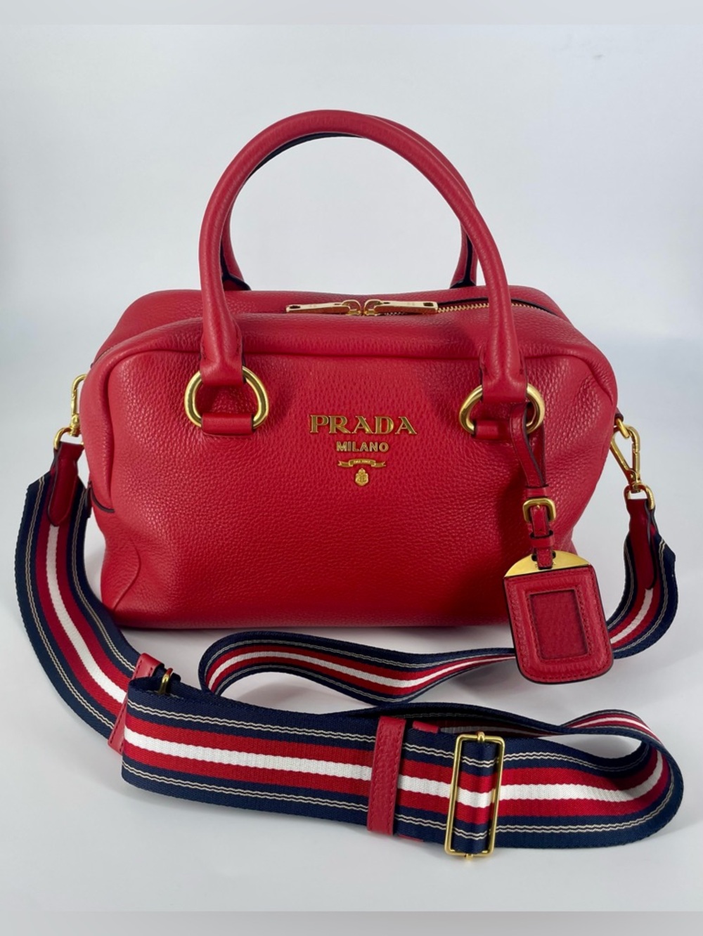 Prada Vitello Phenix Rosso Red Pebbled Leather Satchel with Guitar Striped Strap